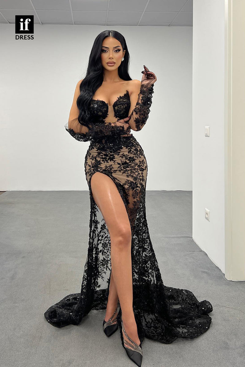 31882 - Stunning Strapless Lace Appliques High Split  Long Prom Evening Formal Dress