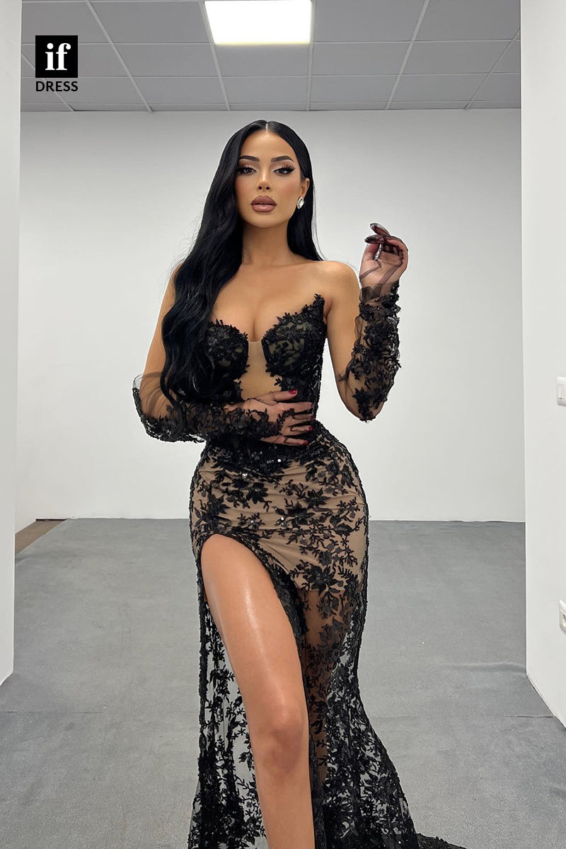31882 - Stunning Strapless Lace Appliques High Split  Long Prom Evening Formal Dress
