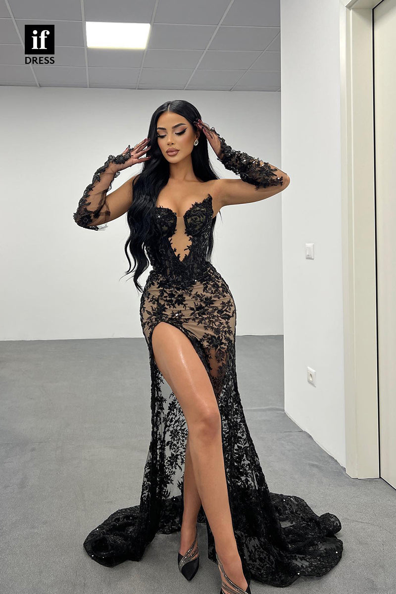 31882 - Stunning Strapless Lace Appliques High Split  Long Prom Evening Formal Dress