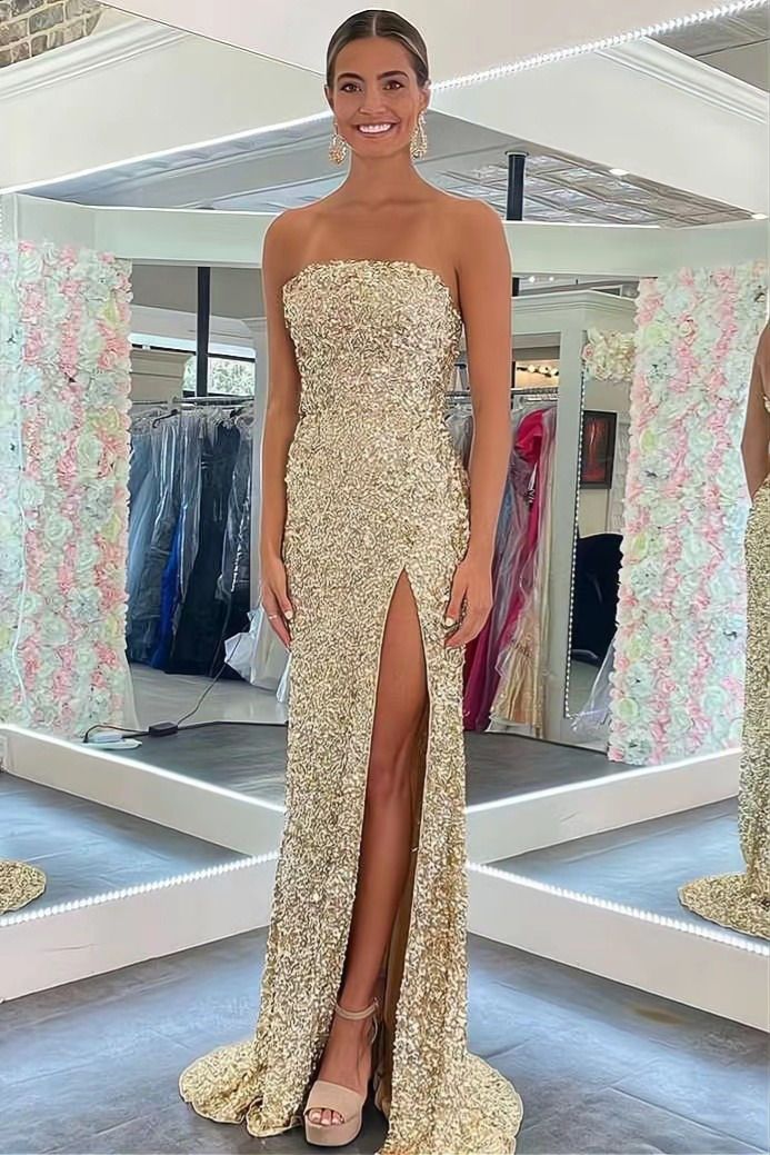 Strapless Pink Sequins Prom Dress with Slit