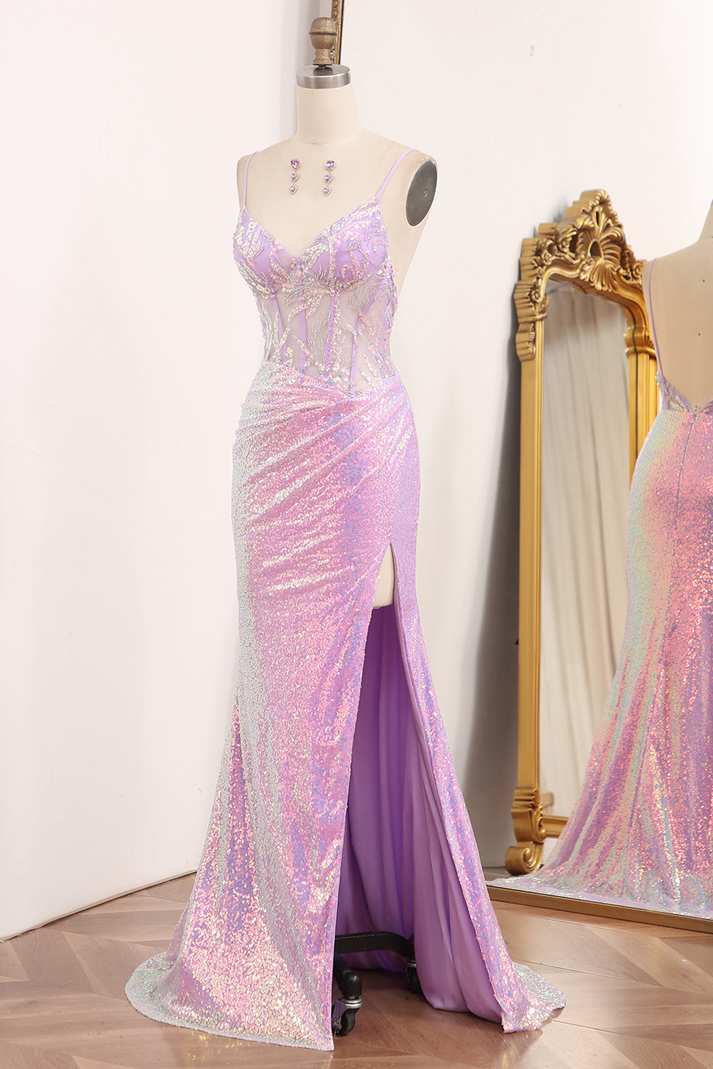 Light Purple Sequined Mermaid Long Corset Prom Dress With Slit Sparkly
