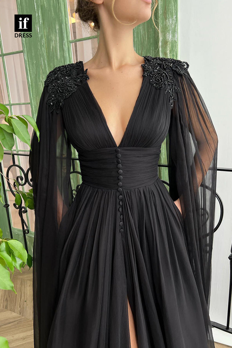 32841- Plunging V-Neck Beads Black Long Prom Dress with Pockets