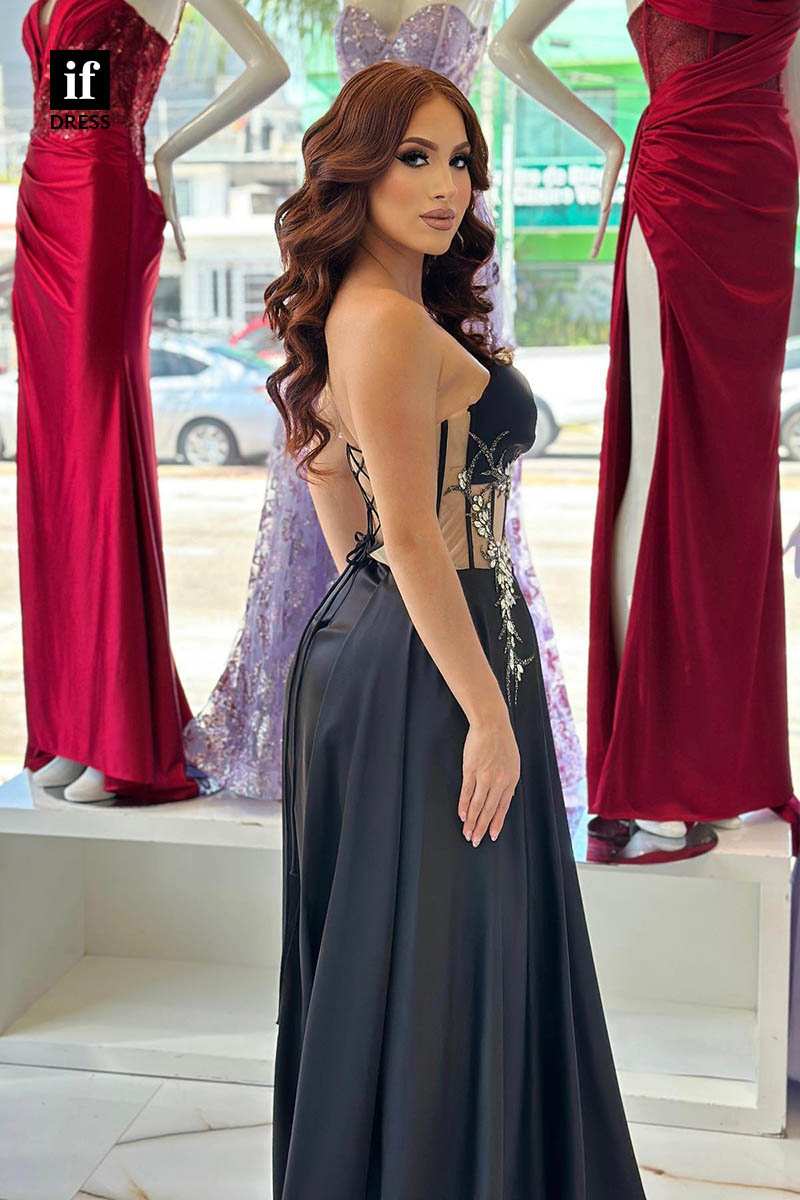 32945 - Glamorous V-Neck Beads Pleats Prom Evening Formal Dress with Slit