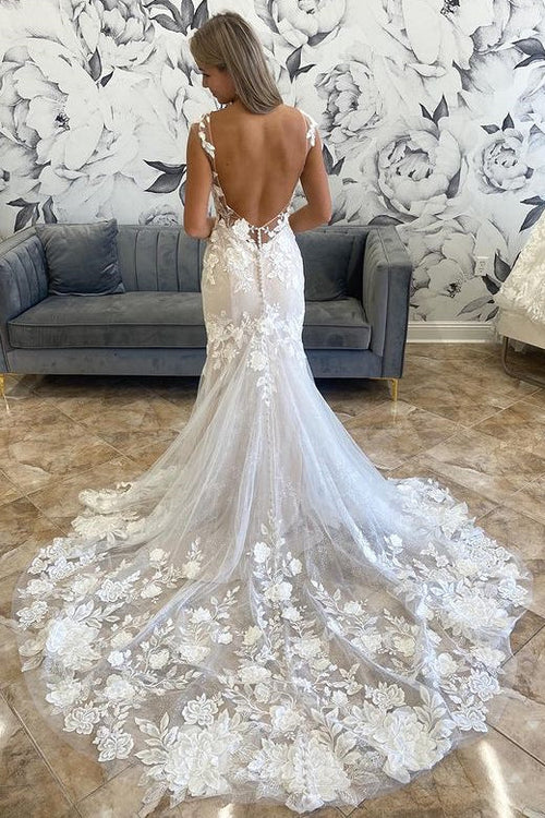 Aimishang Elegant White Illusion Neck Appliques Mermaid Long Wedding Dress
