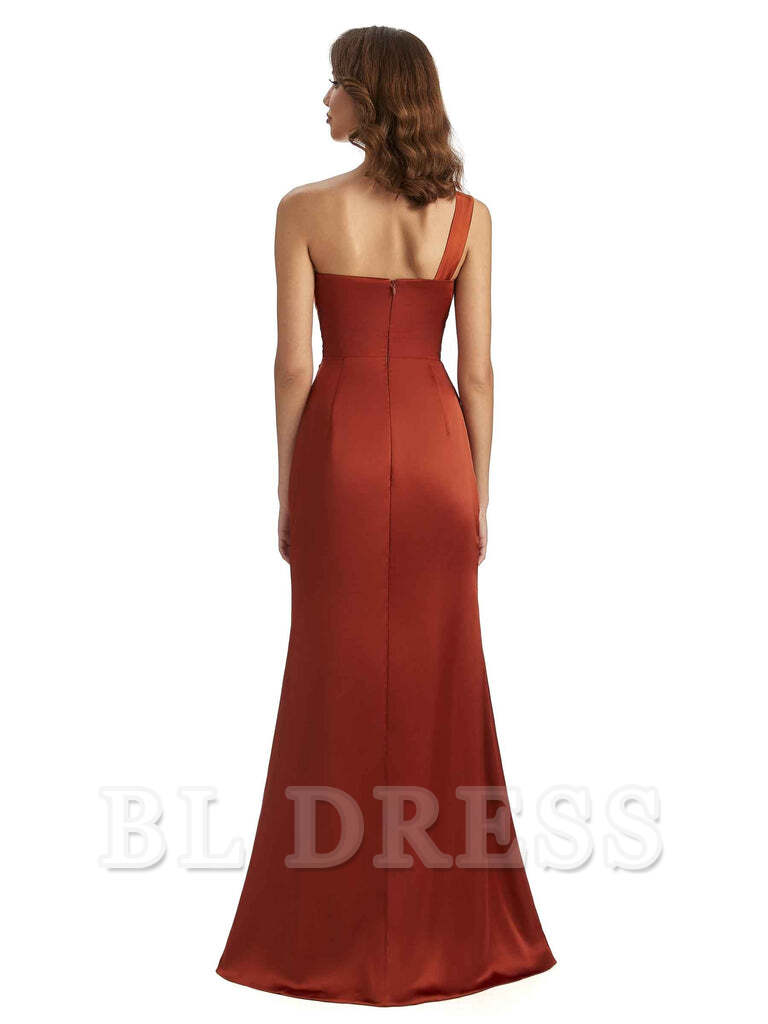 Sheath One shoulder Satin formal dresses evening gown Bridesmaid Dresses With Side Slit