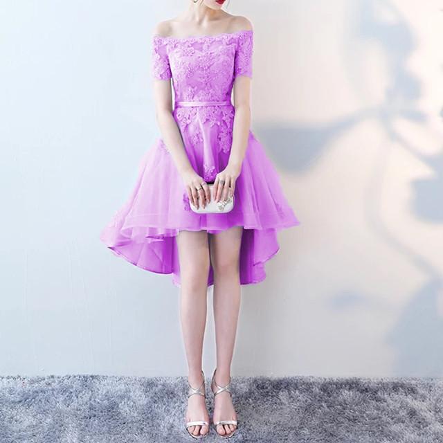 Asymmetric Style Silver Tulle Off Shoulder Bridesmaid Dresses Lace Appliques