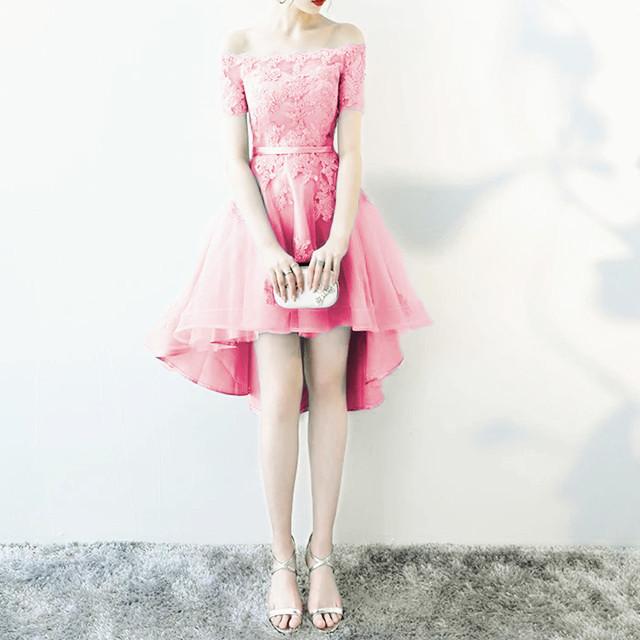 Asymmetric Style Silver Tulle Off Shoulder Bridesmaid Dresses Lace Appliques