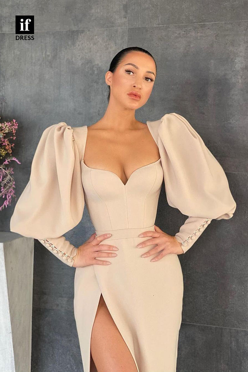 33831 - Classic V-Neck Long Sleeves  Long Prom Evening Formal Dress With Slit