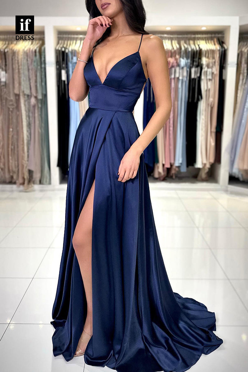 33965 - Chic A-Line Spaghetti Straps V-Neck Sleeveless Prom Formal Gown with Split