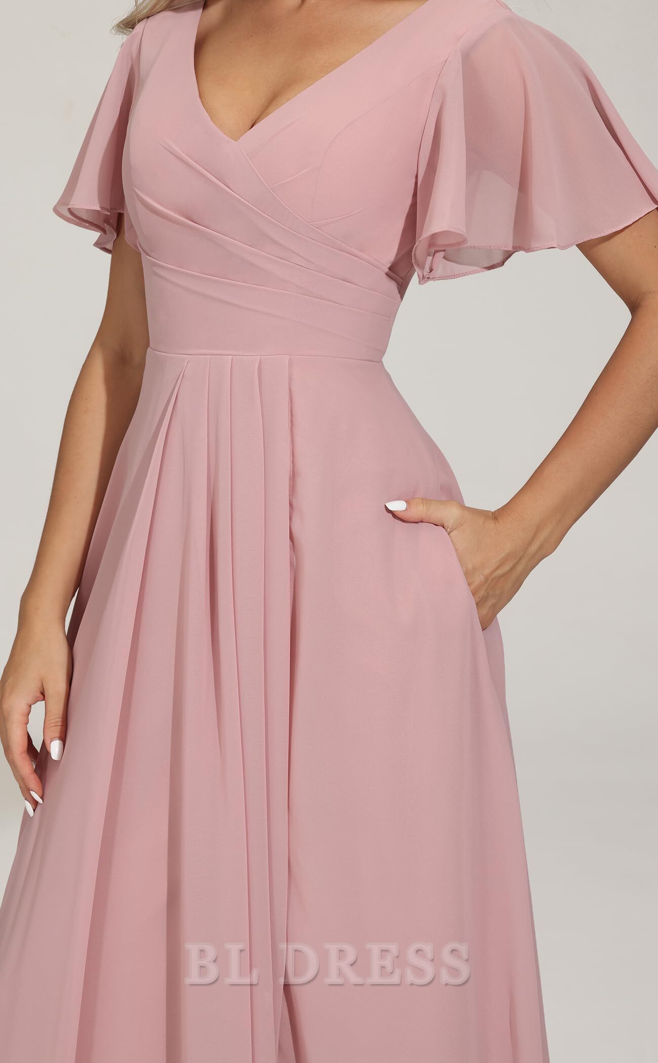 A-line V Neck Short Sleeves Chiffon Pleated formal dresses Bridesmaid Dresses evening gown Prom Dress with Slit