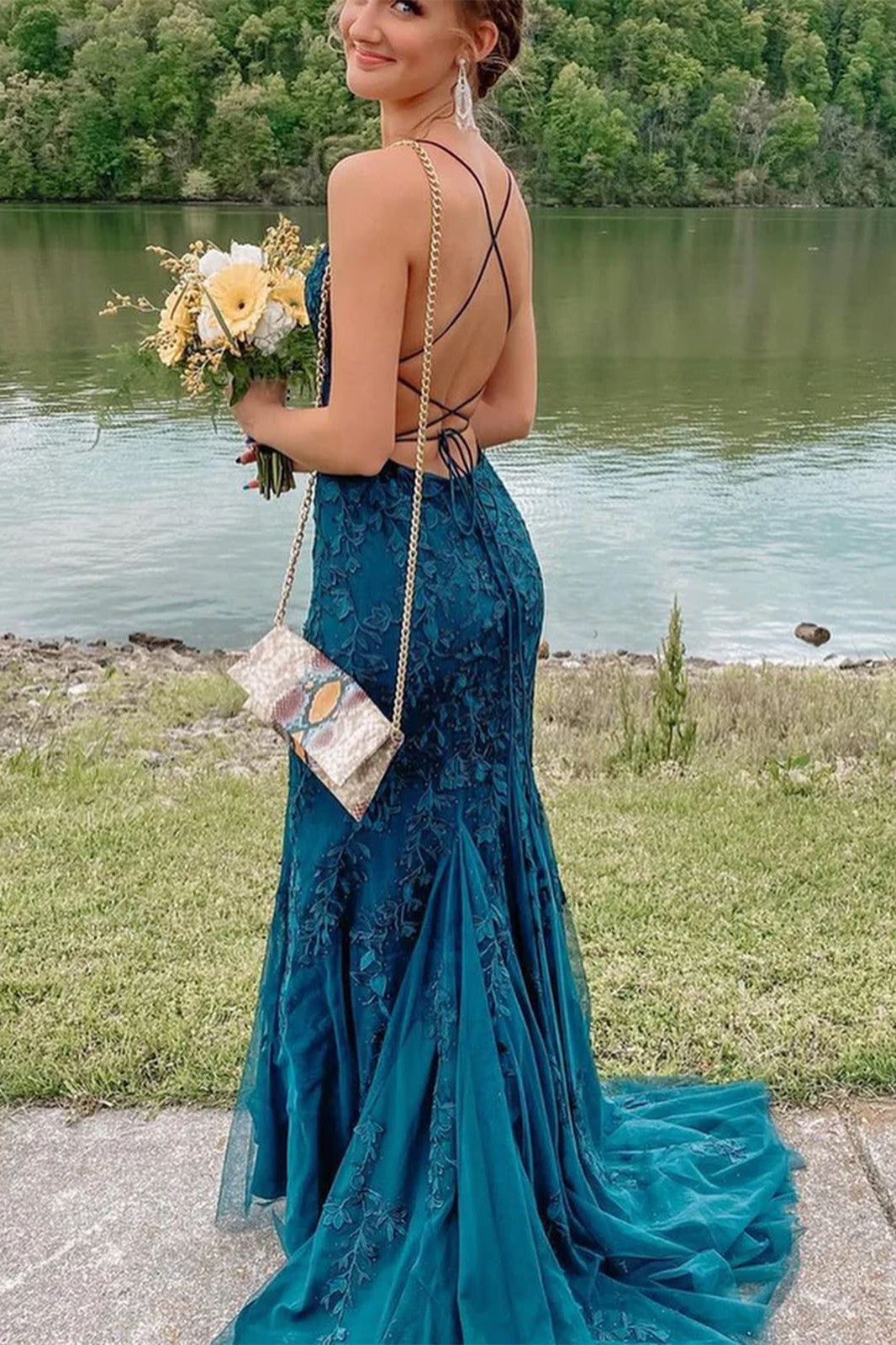 Stunning Blue Lace Appliqus Long Prom Dress