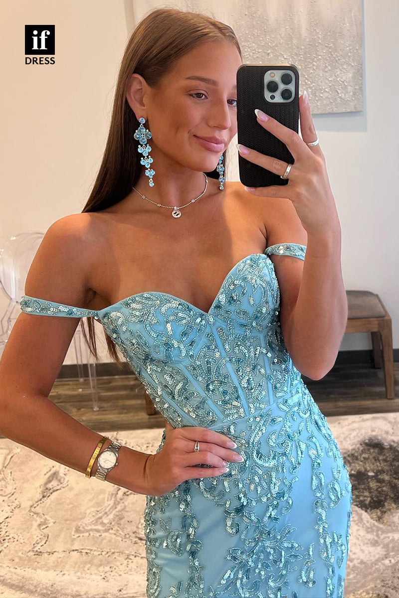 34137 - Charming Off-Shoulder Sweetheart Appliques Side Split Prom Formal Dress