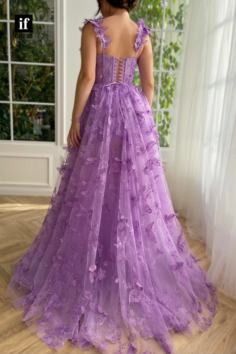 34140 - Classic A-Line Straps Appliques Sleeveless Prom Formal Party Dress with Slit
