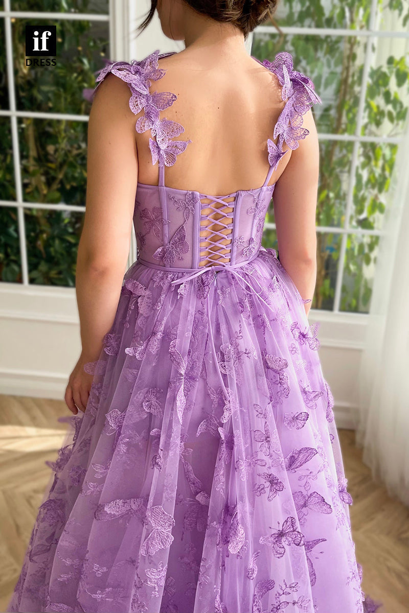 34140 - Classic A-Line Straps Appliques Sleeveless Prom Formal Party Dress with Slit
