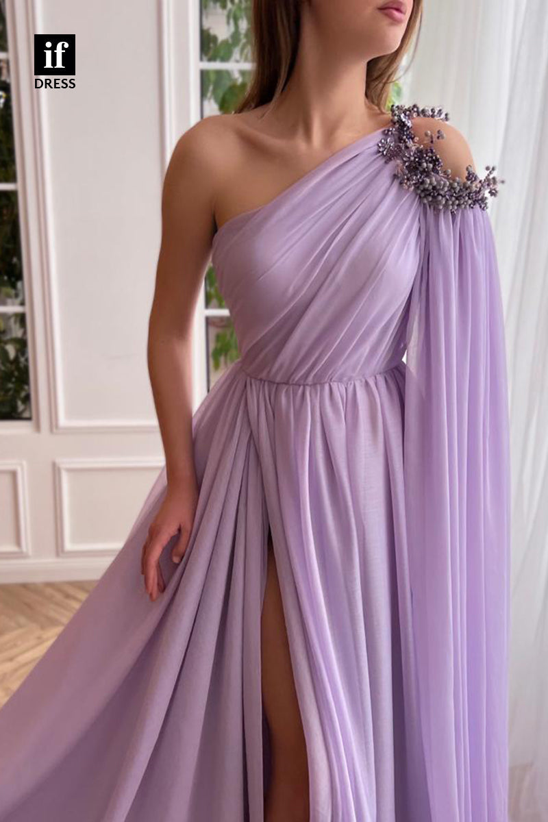 34144 - Charming One Shoulder Beads High Split A-Line Pleats Prom Formal Dress