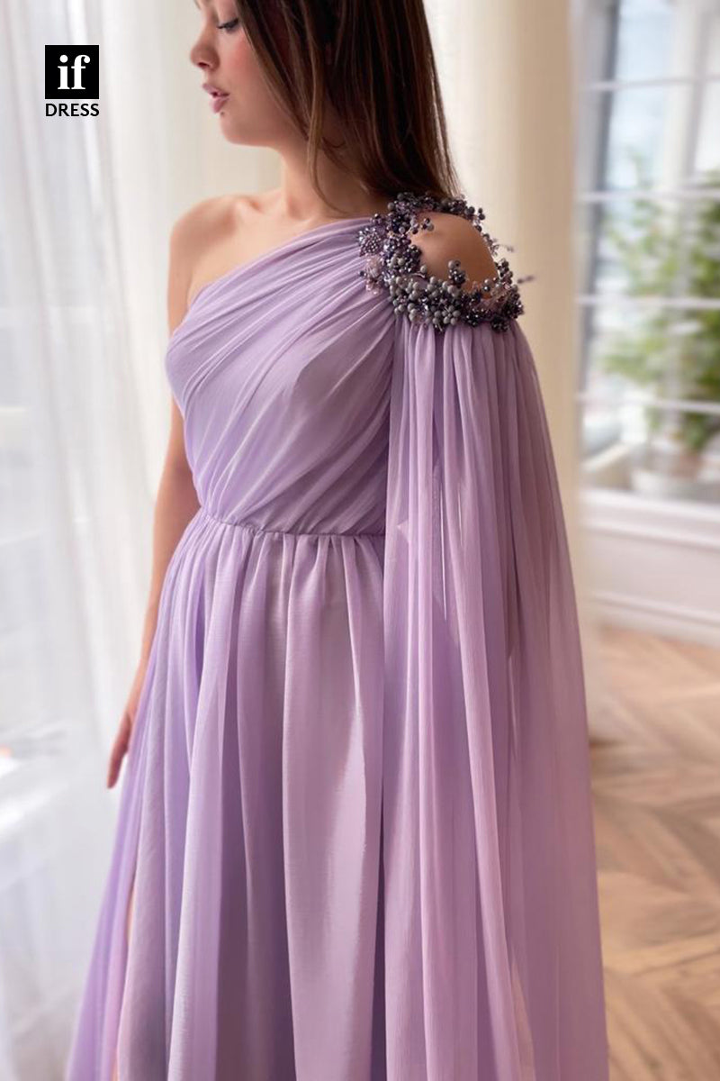 34144 - Charming One Shoulder Beads High Split A-Line Pleats Prom Formal Dress
