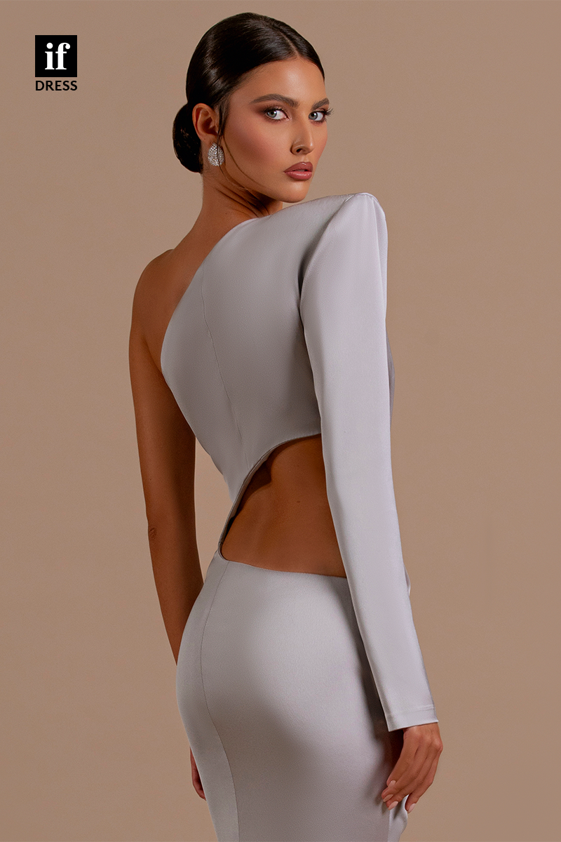34189 -  Unique One Shoulder Pleats Long Sleeves Prom Formal Evening Dress