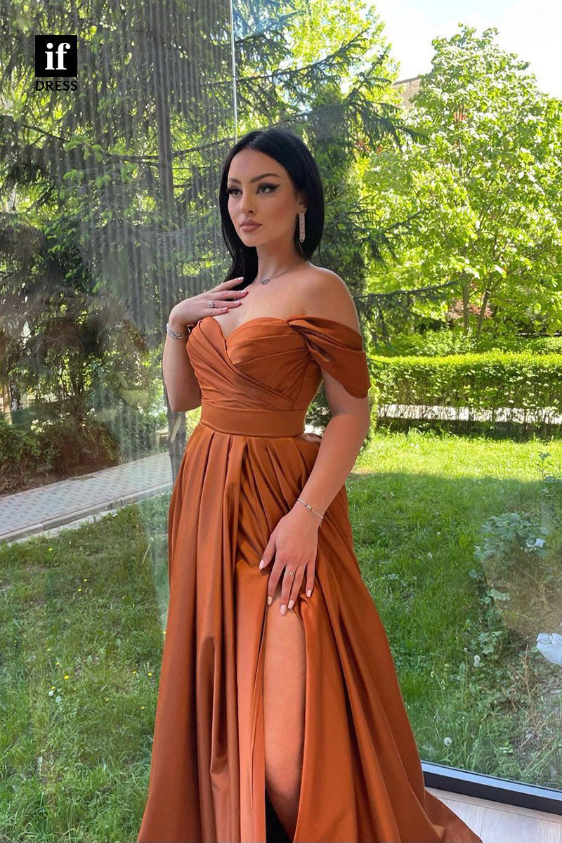 34339 - Classic Off-Shoulder A-Line Slit Prom Formal Evening Dress