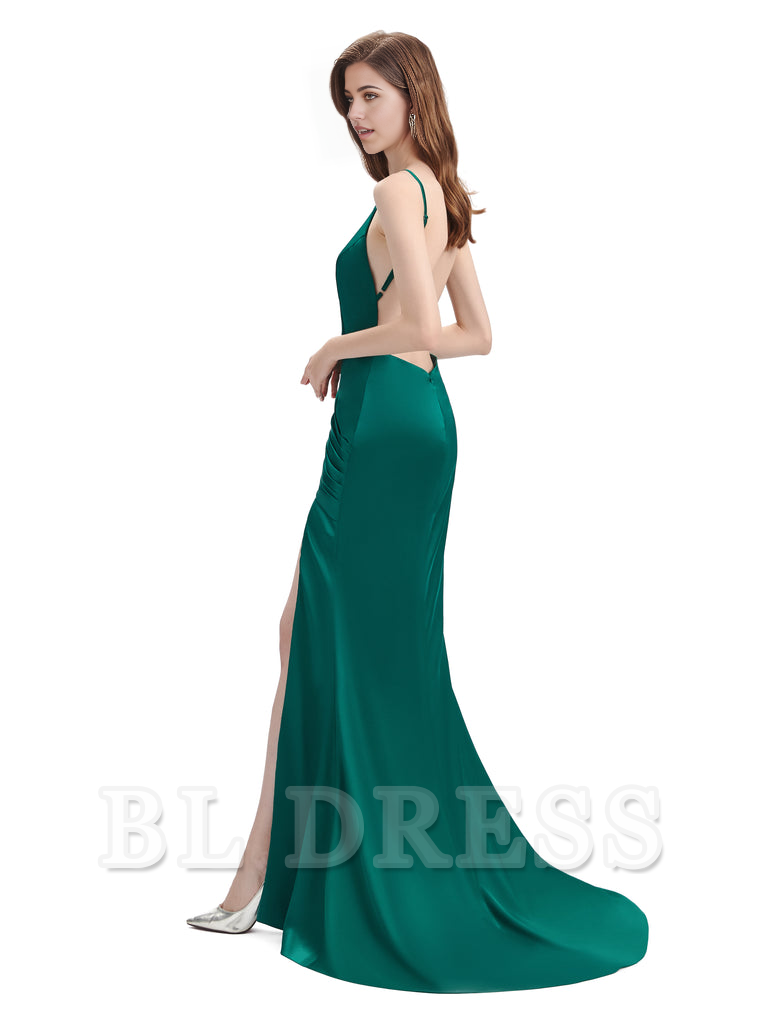 Mermaid Backless Floor-Length Satin formal dresses evening gown Bridesmaid Dresses With Side Slit