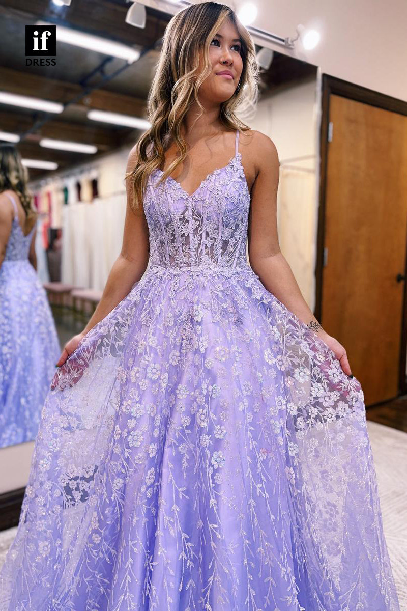 35026 - Stunning Straps V-Neck Lace Appliques Sleeveless A-Line Prom Dress