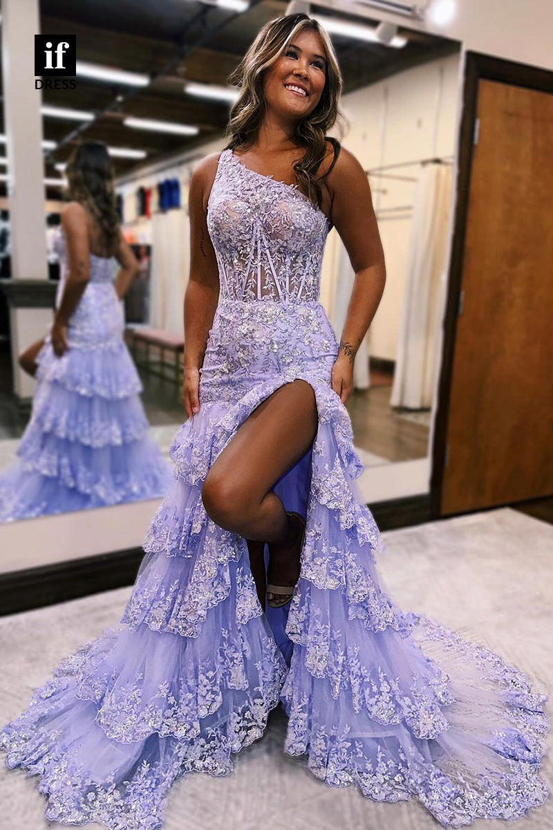 35030 - Sloping Shoulder Appliques High Slit Sleeveless Long Prom Dress with Train