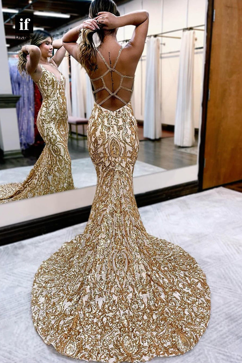 35036 - Glomaorous Deep V-Neck Sequins Appliques Meramid Prom Evening Dress
