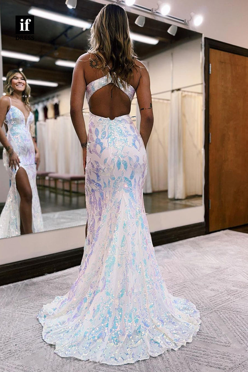 35041 - Mermaid/Trumpet V-Neck Appliques Sleeveless Evening Prom Dress with Split