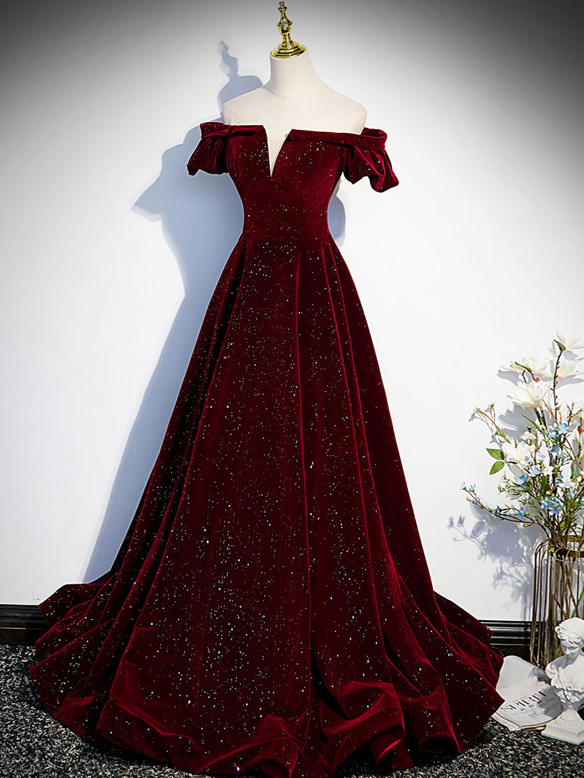 A-Line Velvet Burgundy Long Prom Dress, Burgundy Velvet  Long Formal Dress