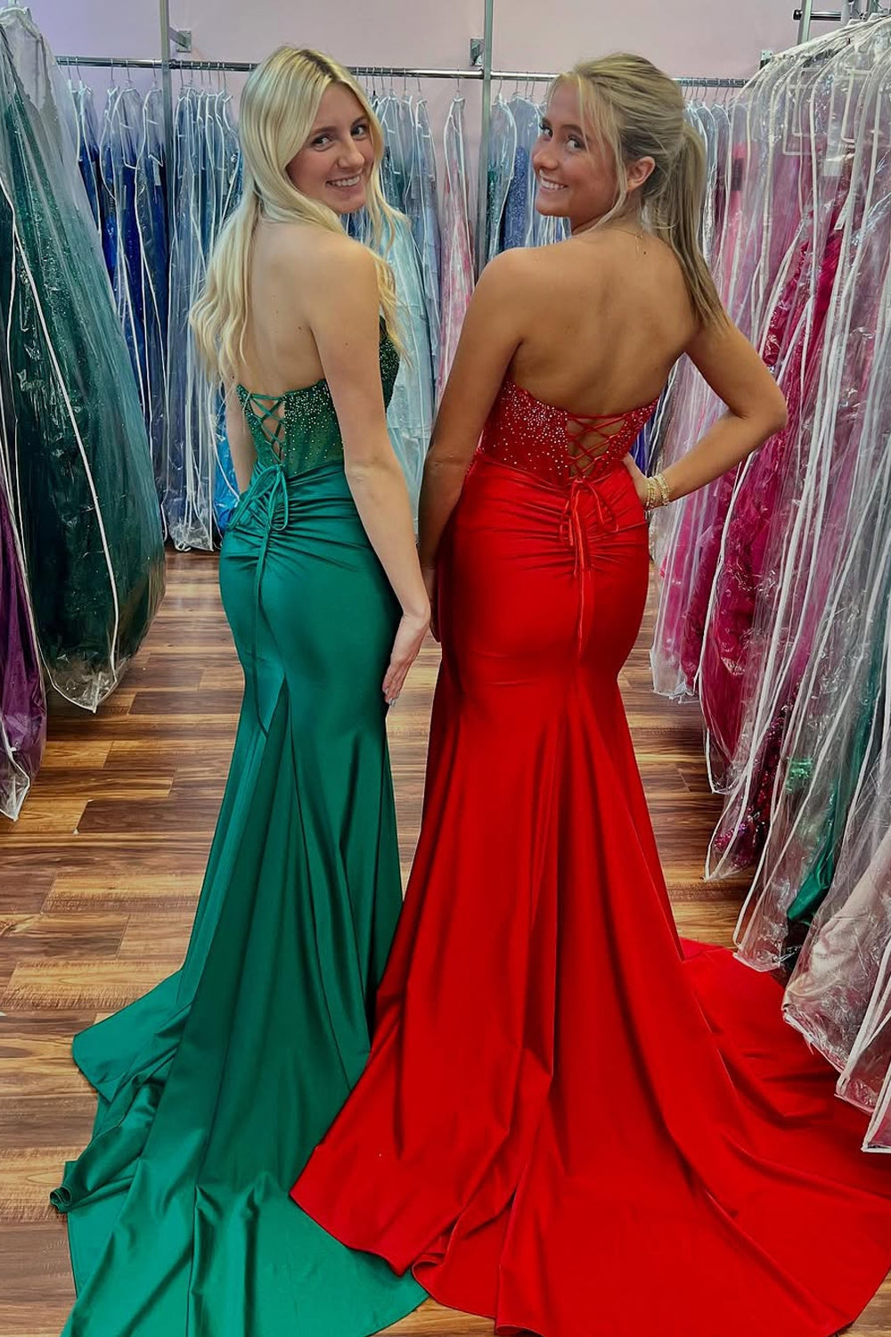 Mermaid Strapless Green Satin Long Prom Dresses