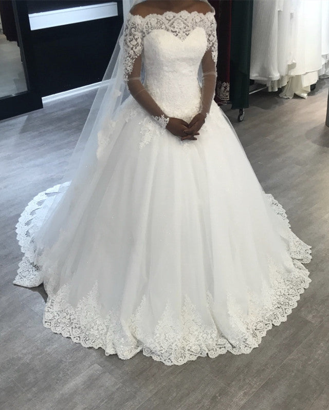 Off Shoulder Lace Long Sleeves Wedding Dresses 2019