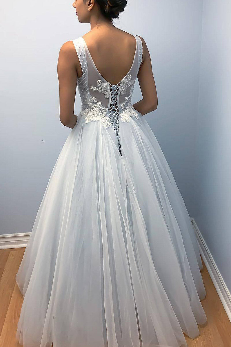 Long Lace-Up Back A-line Light Blue Wedding Dress with Appliques