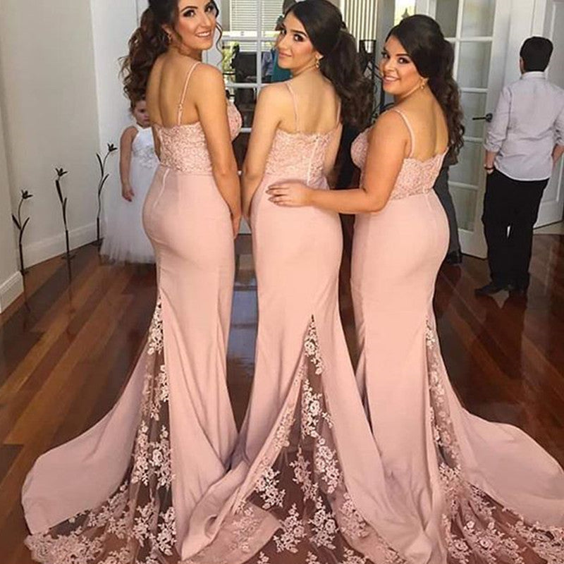 Spaghetti Straps Sweetheart Mermaid Court Train Bridesmaid Dresses Lace Appliques
