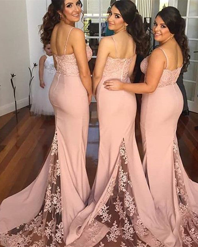 Spaghetti Straps Sweetheart Mermaid Court Train Bridesmaid Dresses Lace Appliques