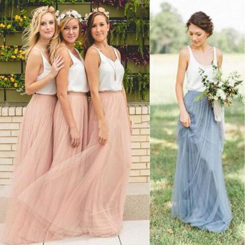 Popular Cheap Summer Country Junior Sleeveless Scoop Neck Tulle Skirt Long Bridesmaid Dresses, WG40