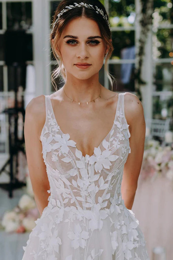 3D Floral Lace V Neck Floor Length Bohemian Wedding Dress TN374