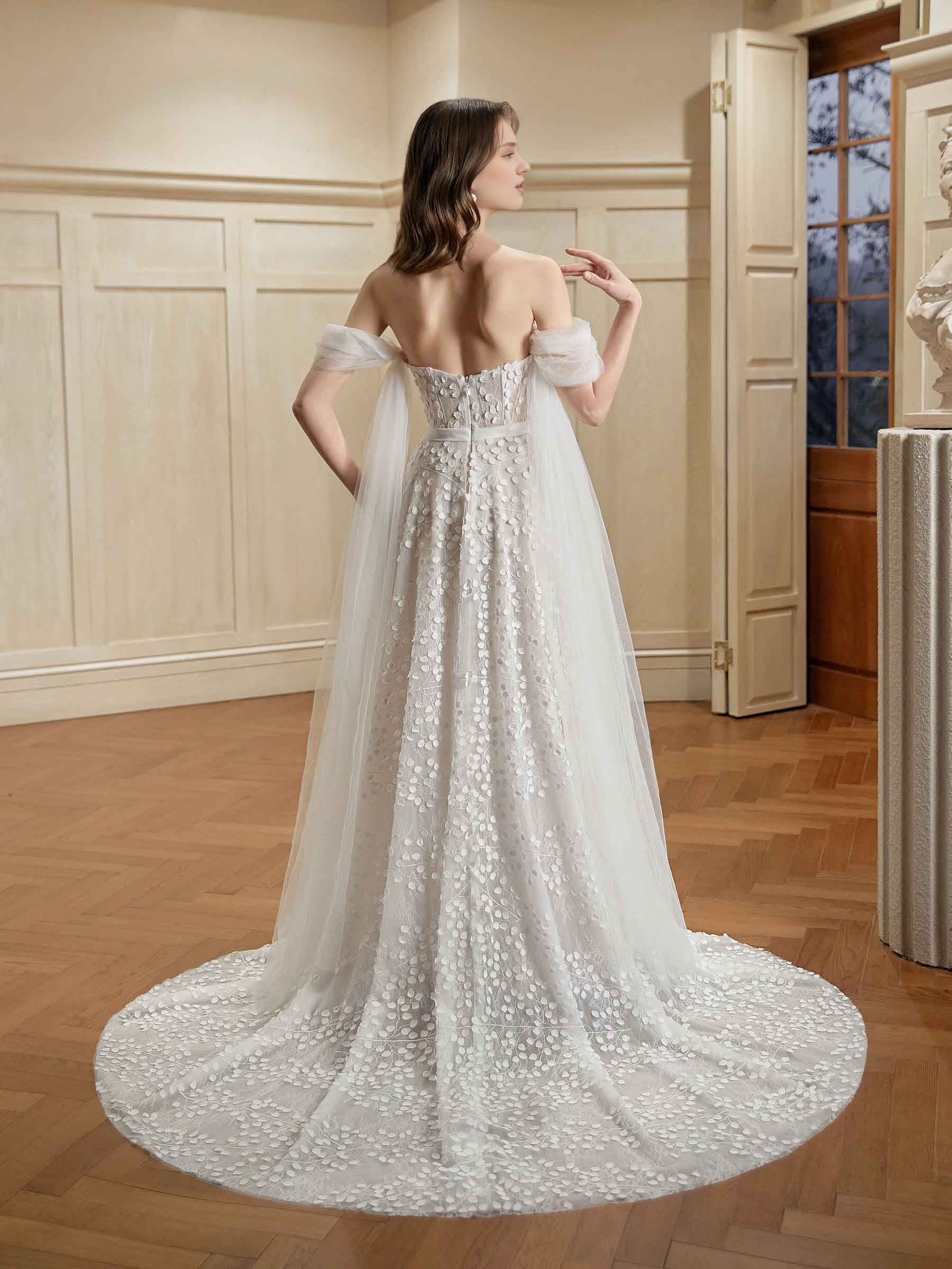 Ivory A-line off shoulder sweetheart super long lace wedding dress