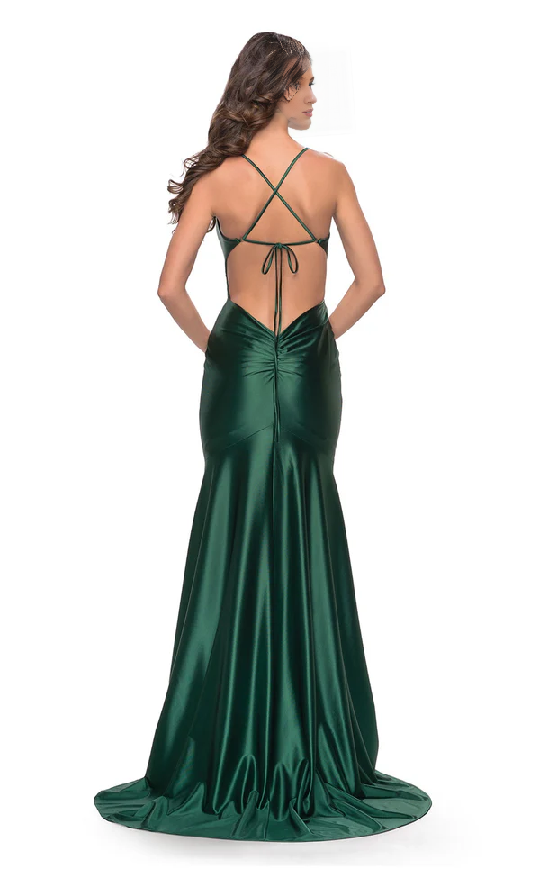 Mermaid V neckline thin shoulder strap tie and floor length evening dress