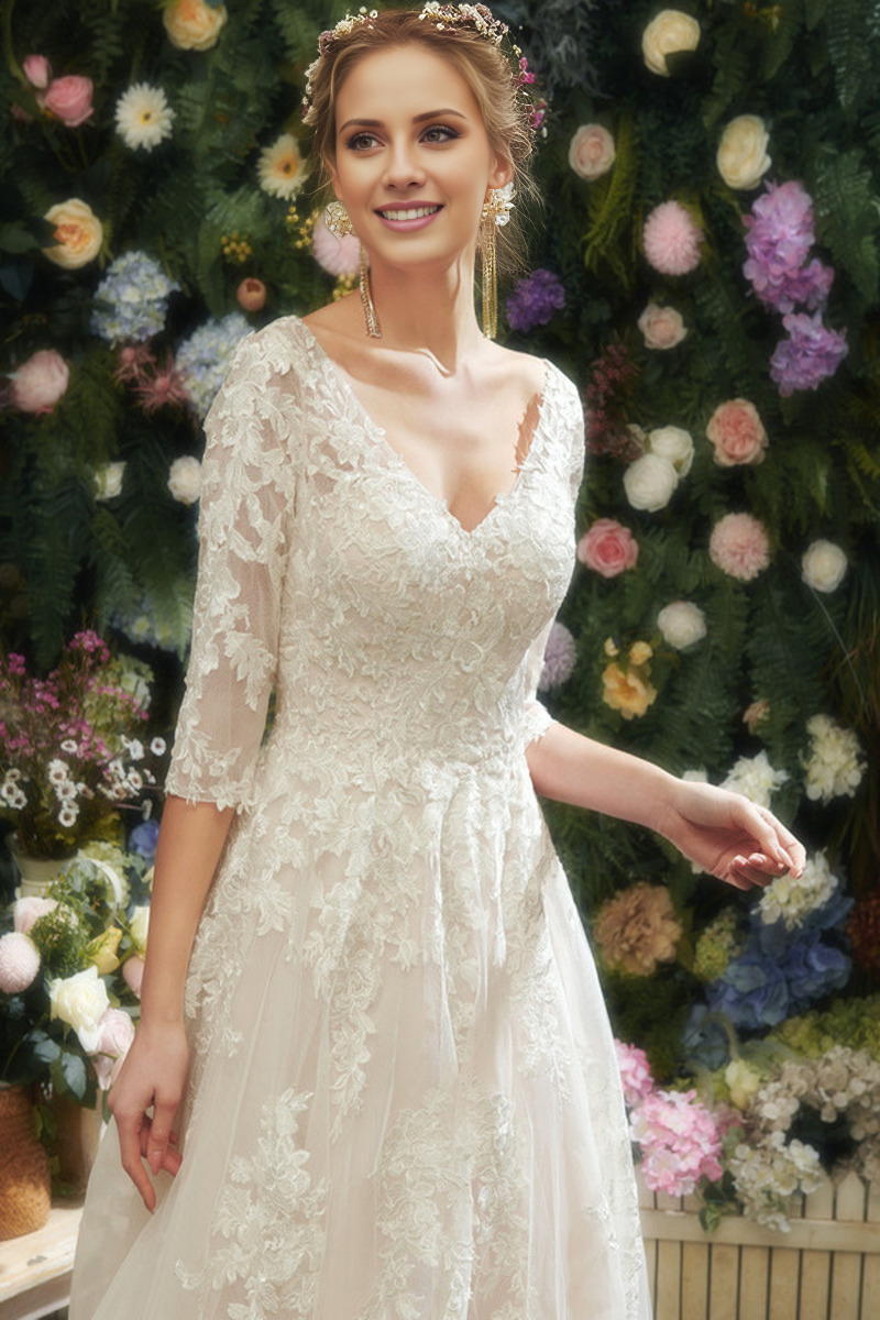 A-line V-neck sweeping trailing skirt 3/4 sleeves sequined chiffon lace wedding dress