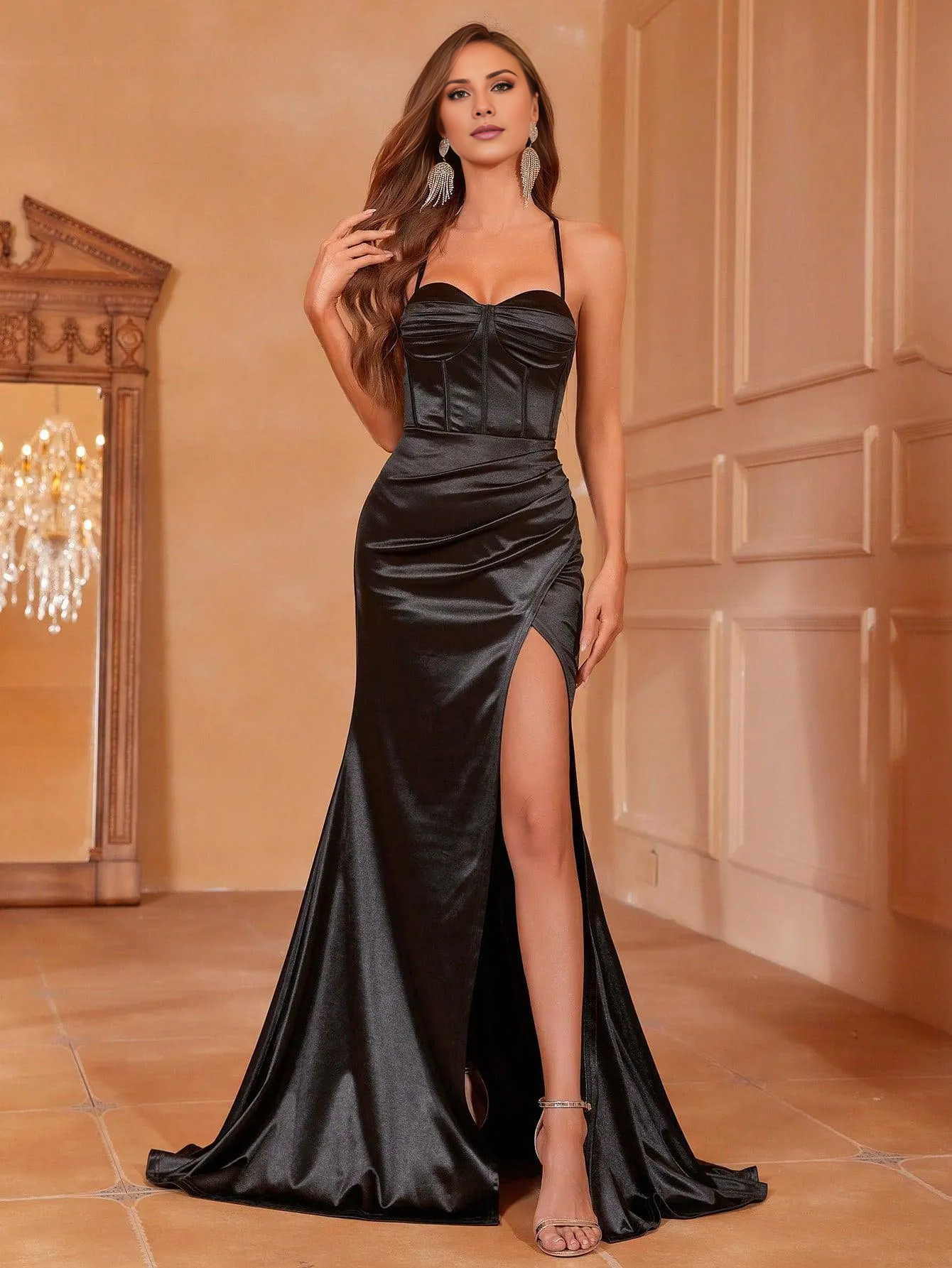 A-line tight corset with satin thin shoulder straps and floor length formal dress