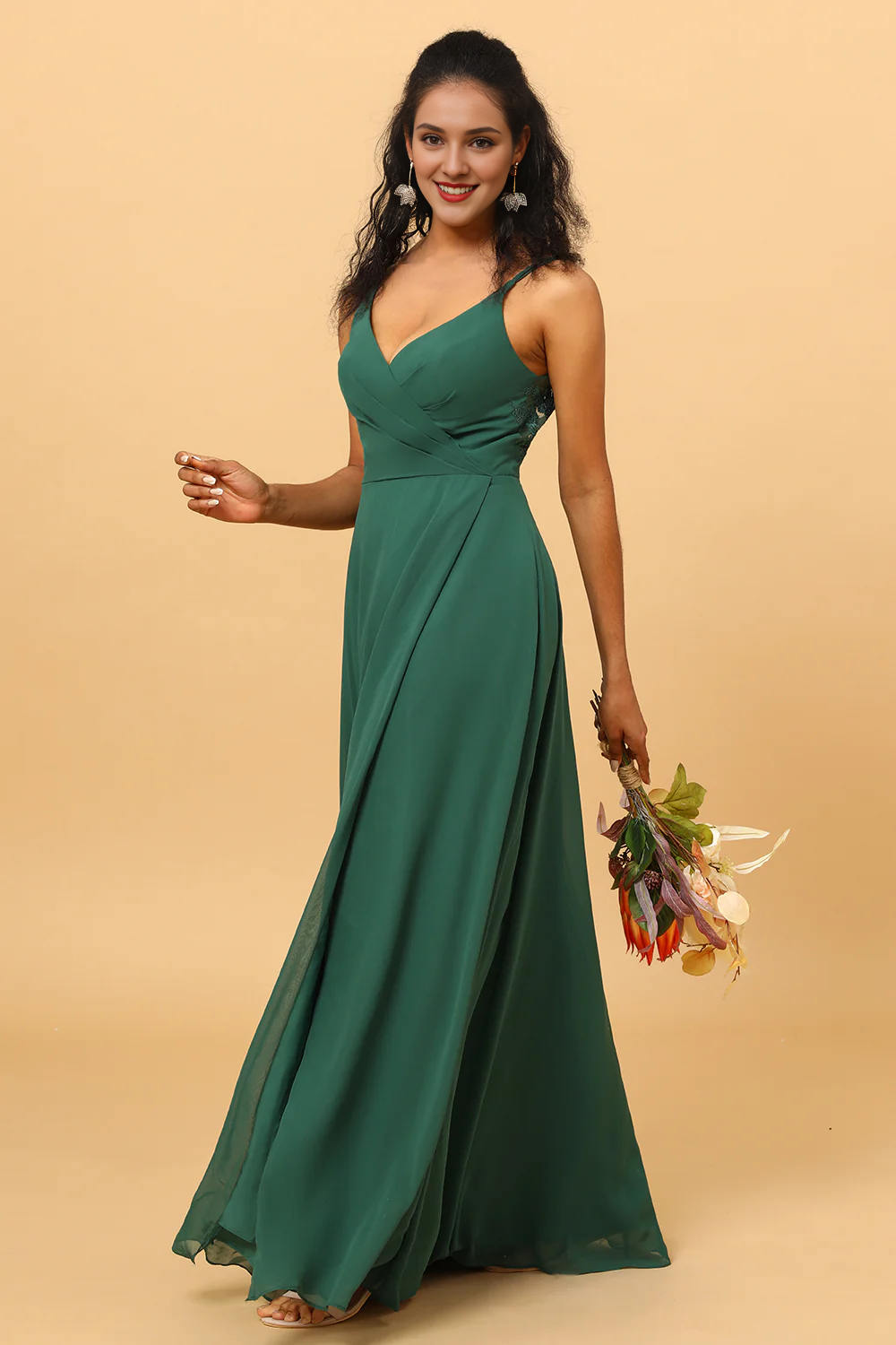 Deep green A-line V-neck and floor length chiffon bridesmaid dress