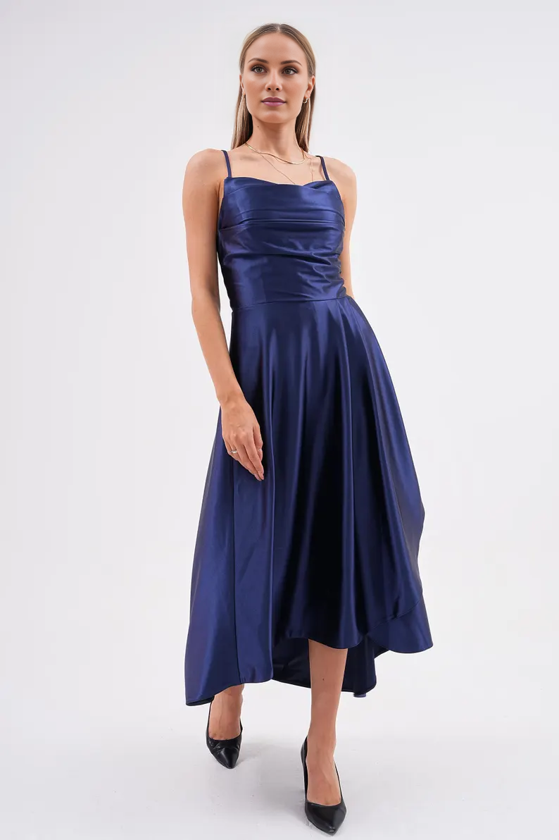 Jimiss - satin pleated thin shoulder strap backless long Prom dress