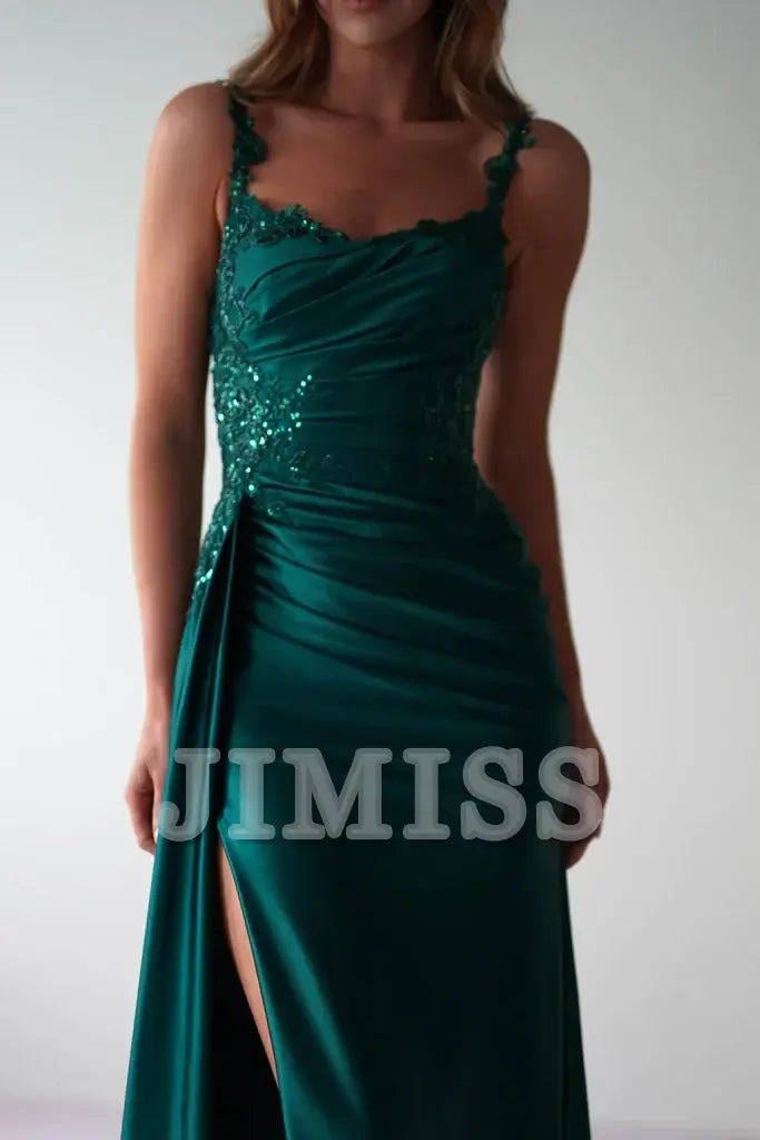 Thin shoulder strap waistband fits snugly satin evening gowns
