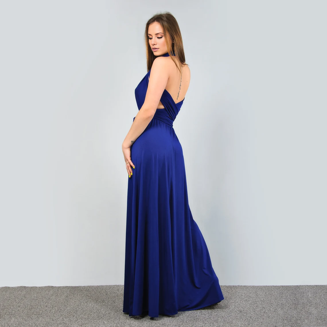 Jimiss - Hanging neck collar pleated bra backless and floor length Prom dress