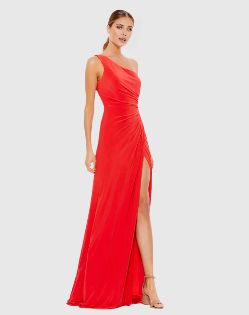 One shoulder neckline sleeveless side slit floor length evening dress