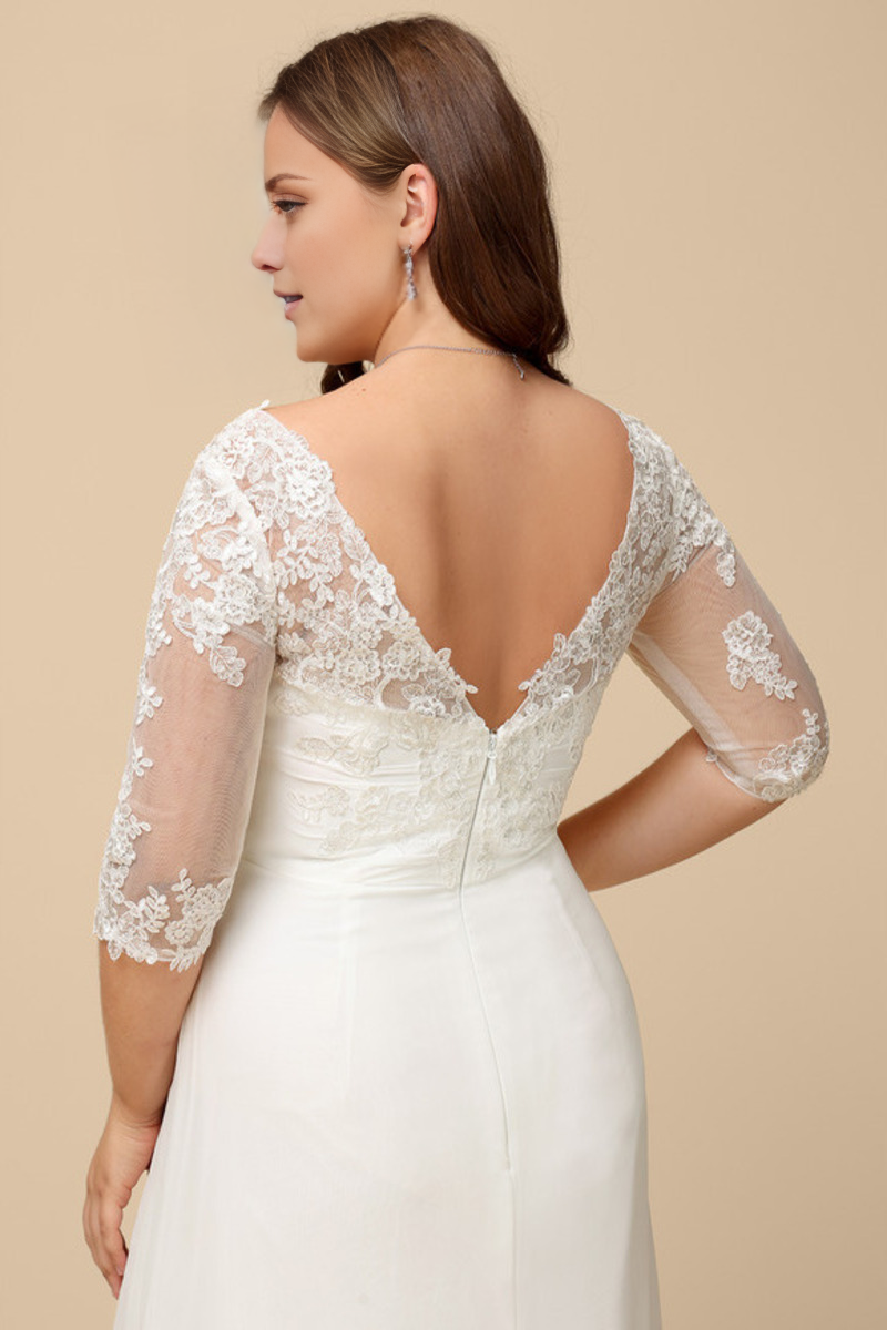 Lotus leaf edge A-line V-neck asymmetrical half sleeved lace chiffon wedding dress