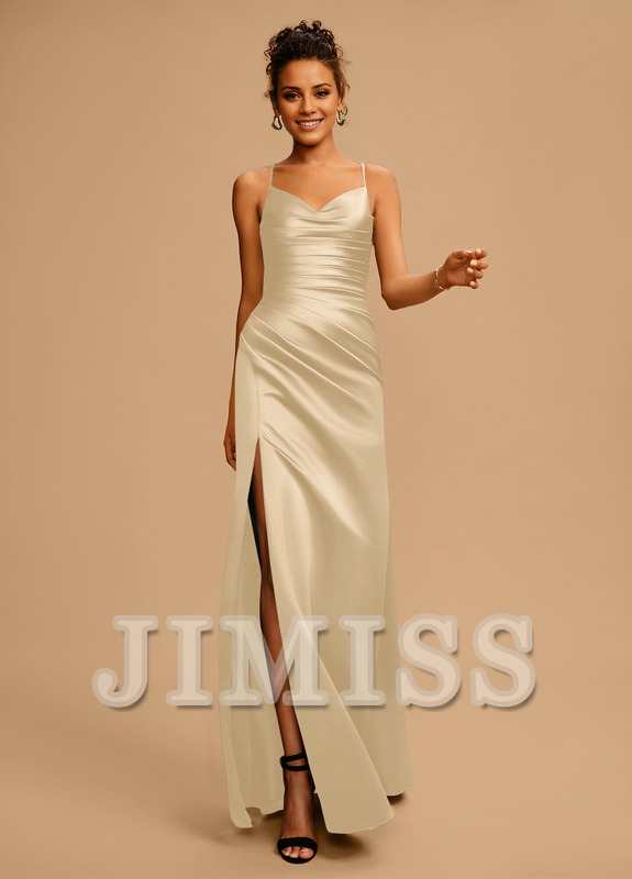 Bodycon/straight V-neck floor-length pleated satin prom dress