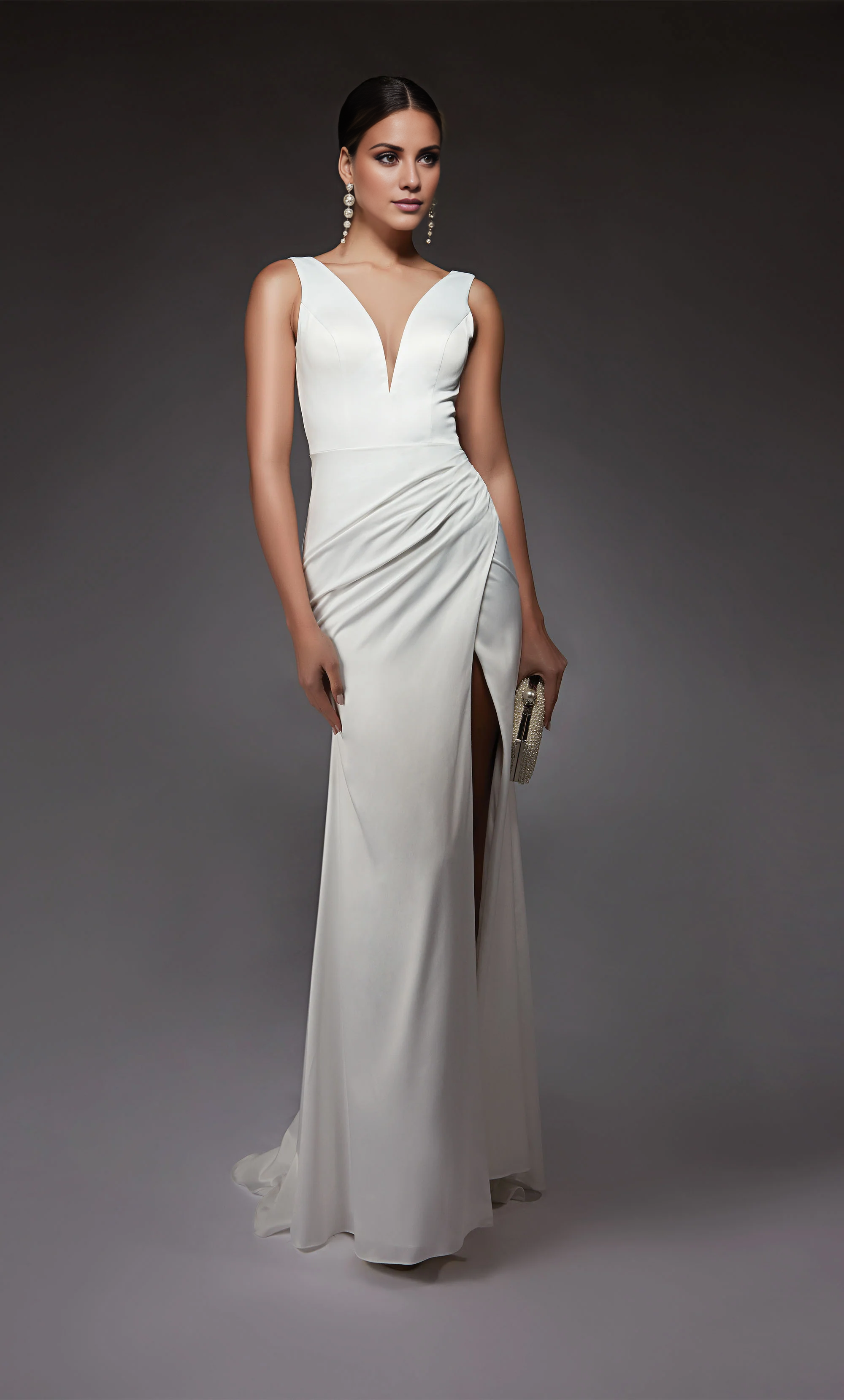 Perfect satin deep V-neck straight tube V-shaped slit satin button wedding dress