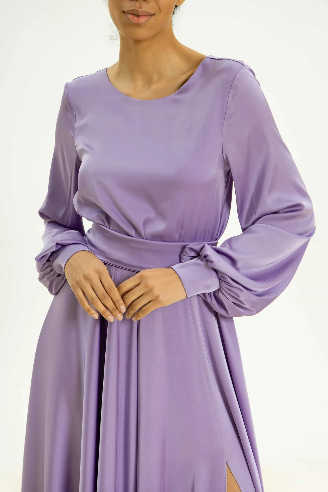 Jimiss - Long sleeved boat neck satin and floor length Prom dress