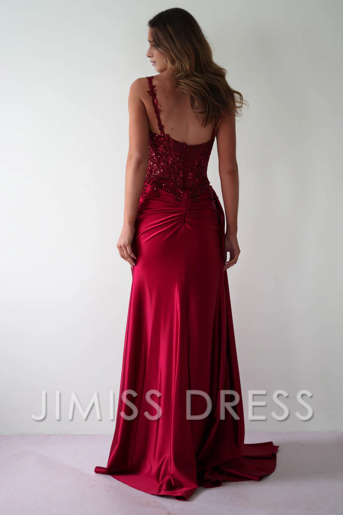 Jimiss Thin shoulder strap waistband fits snugly satin evening gowns