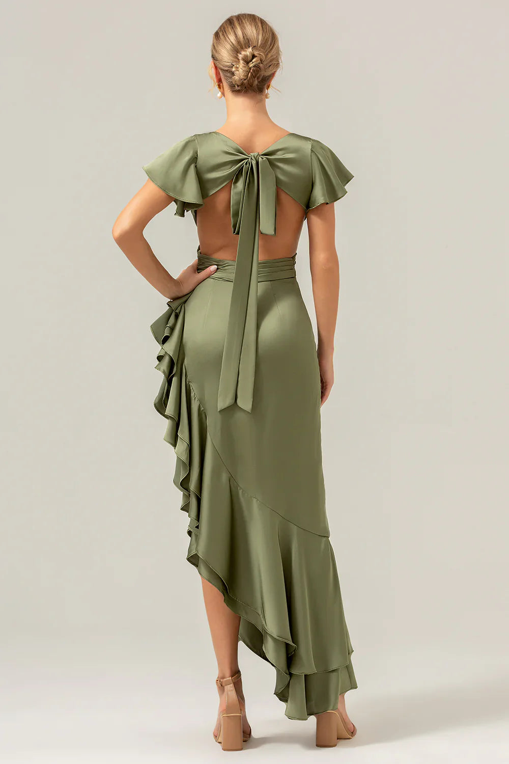 A-line V-neck asymmetrical olive ruffled slit bridesmaid dress